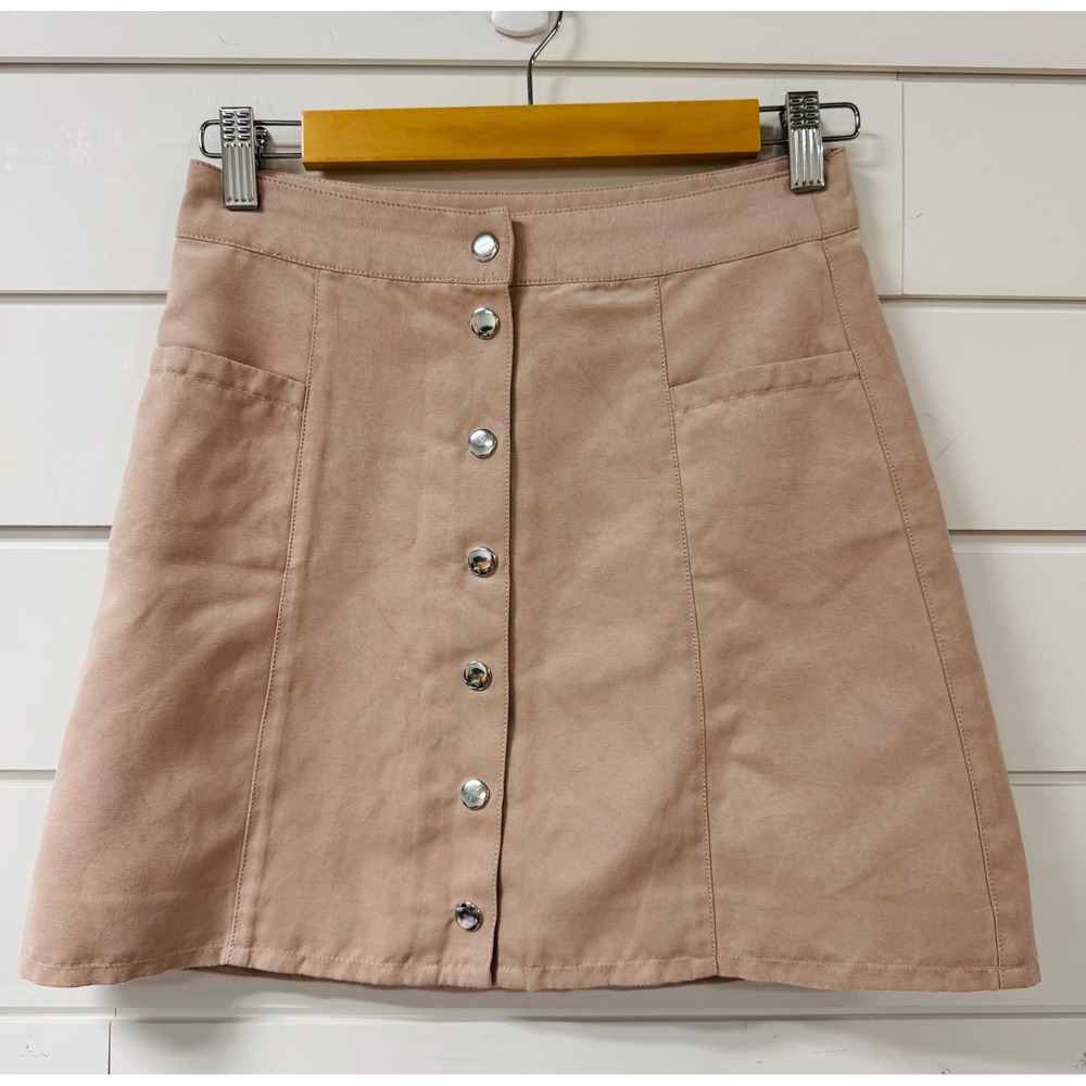HM Divided Faux Suede Button Front Mini Skirt Blush Pink Tan Sz 4 A-Line Pocket